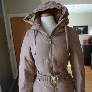 Zara Woman camel/tan down jacket with removable hood gold zippers size S